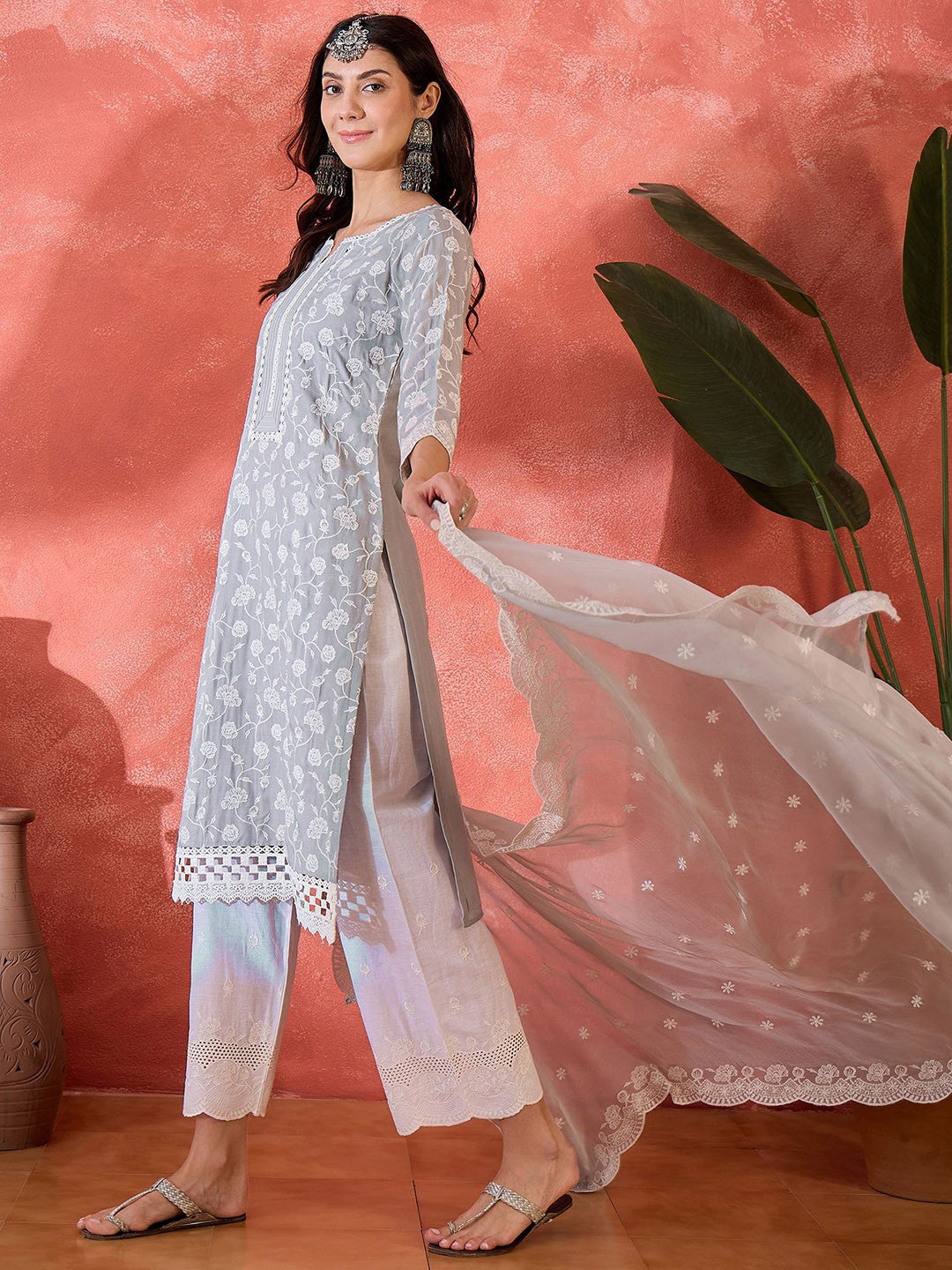 Women Floral Embroidered Cotton Kurta with Trousers & Dupatta