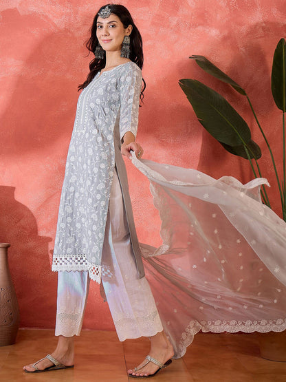 Women Floral Embroidered Cotton Kurta with Trousers & Dupatta
