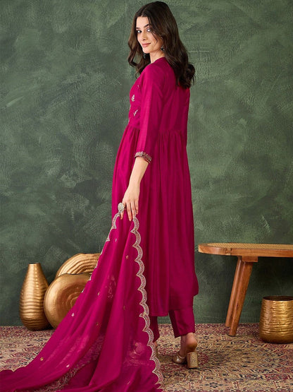 Embroidered V-Neck Kurta Trousers & Dupatta