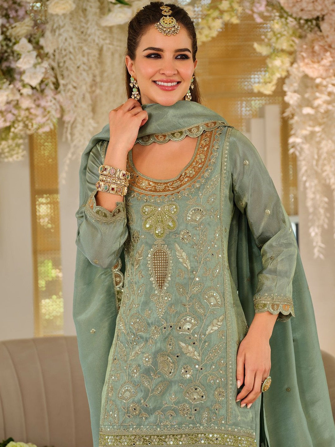 Women Ethnic Motifs Embroidered Regular Mirror Work Kurta with Sharara & With Dupatta