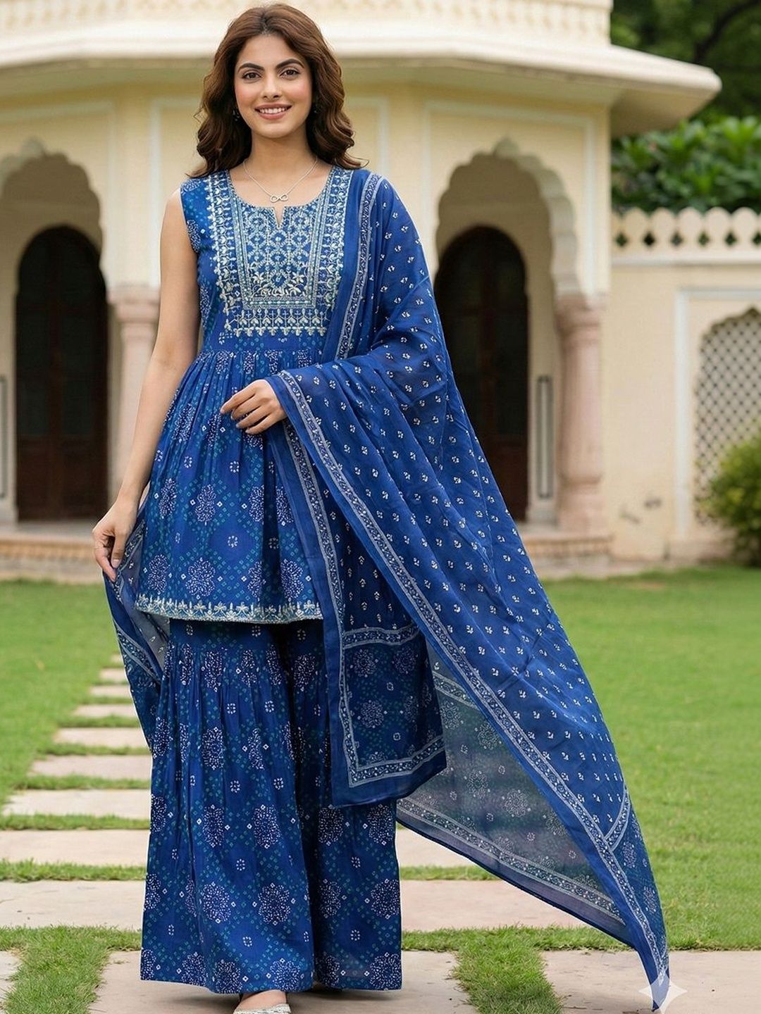 Dhiyona AN Women Ethnic Motifs Printed Empire Thread Work Pure Cotton Kurta with Sharara & With Dupatta