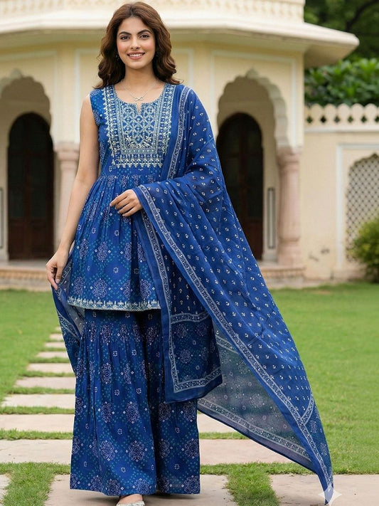 Dhiyona AN Women Ethnic Motifs Printed Empire Thread Work Pure Cotton Kurta with Sharara & With Dupatta