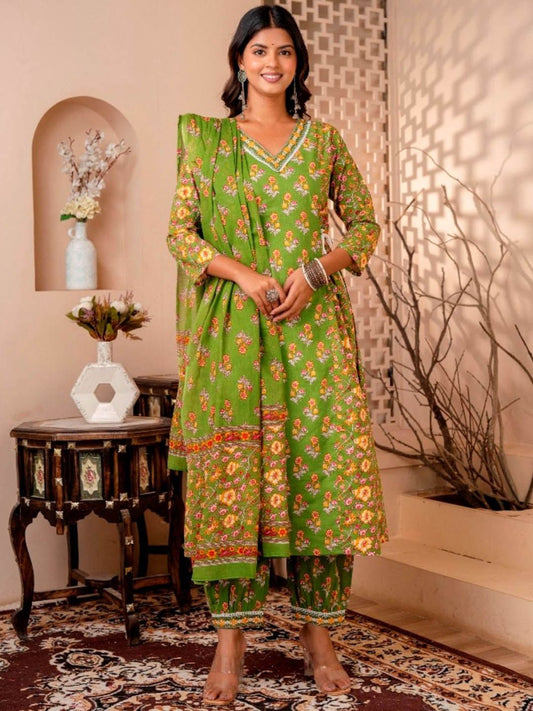Dhiyona KL Women Floral Printed Pleated Pure Cotton Kurta with Trousers & With Dupatta