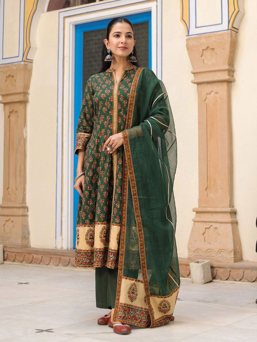 Dhiyona RR Women's Ethnic Motifs Printed Cotton Anarkali Kurta with Trousers & Dupatta