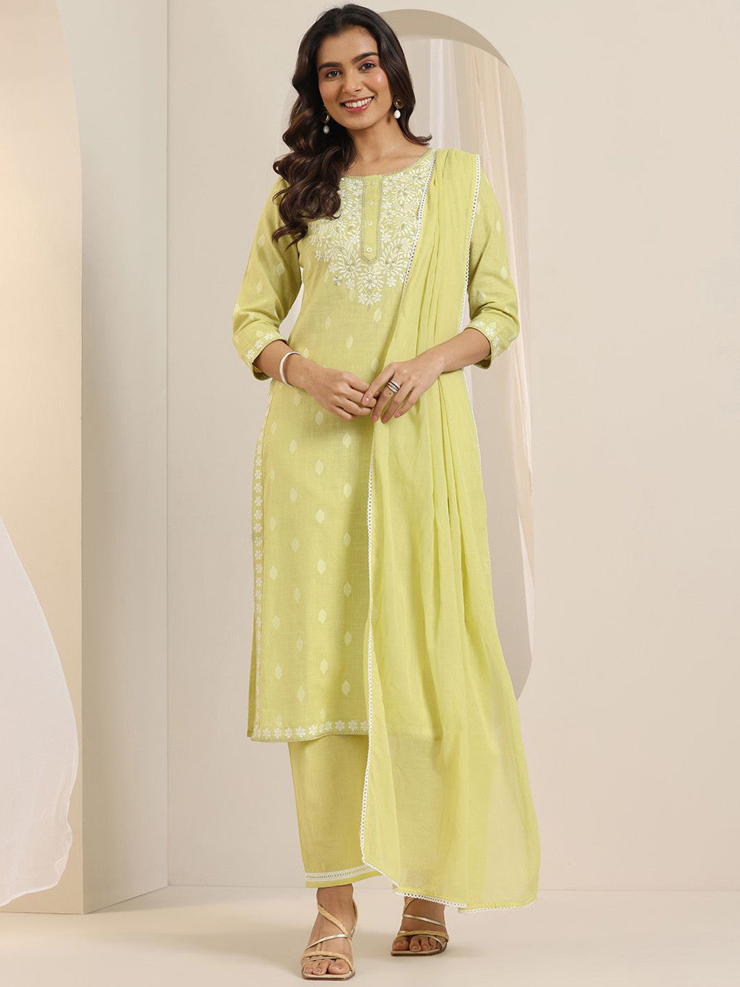 Floral Embroidered Straight cotton Kurta With Trousers And Dupatta