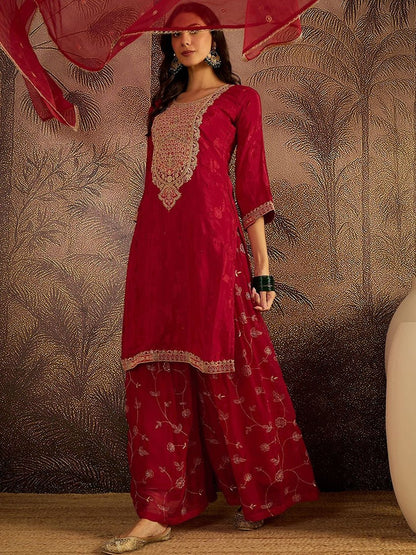 Dhiyona SN Women Ethnic Motifs Embroidered Knee Length Regular Kurta with Sharara & Dupatta