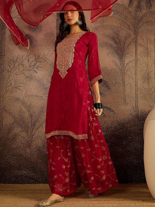 Dhiyona SN Women Ethnic Motifs Embroidered Knee Length Regular Kurta with Sharara & Dupatta