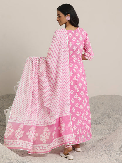 Women Ethnic Motifs Printed Panelled Thread Work Kurta with Churidar & With Dupatta