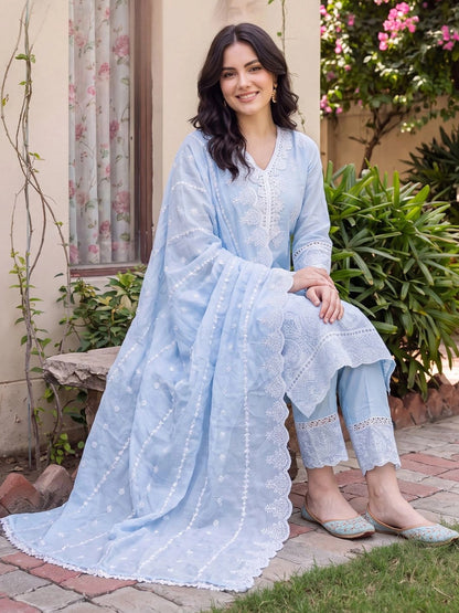 Women Ethnic Motifs Embroidered Regular Thread Work Pure Cotton Kurta with Trousers & With Dupatta