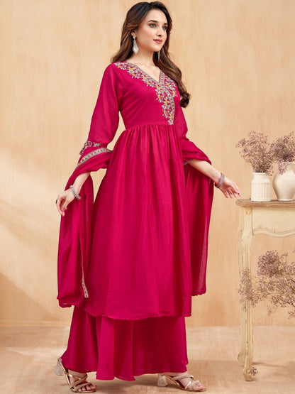 Embroidered V-Neck Kurta Trousers & Dupatta