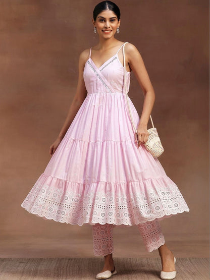 Women Ethnic Motifs Embroidered Tiered Chikankari Kurta with Trousers