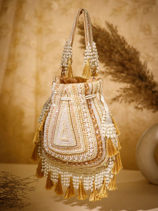 Dhiyona NR Women Embellished Tasselled Beaded Potli Clutch