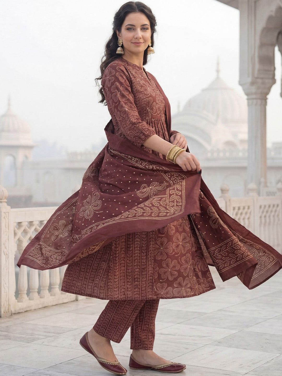 Women Floral Printed Panelled Beads and Stones Pure Cotton Kurta with Trousers & With Dupatta