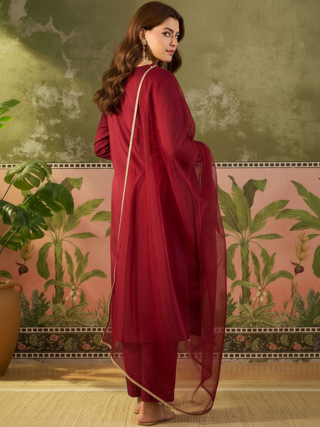 Embroidered Round Neck Kurta & Trousers With Dupatta