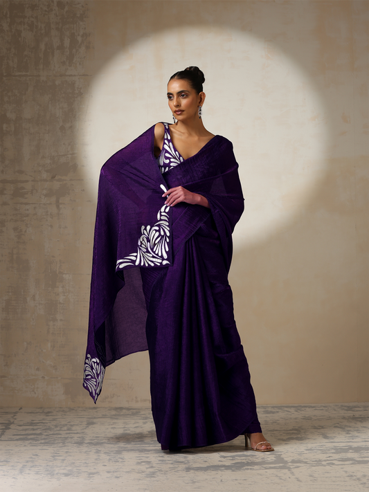 Dhiyona ST Purple Crushed Metallic Satin with Silver Embroidery On Saree and Blouse Fabric