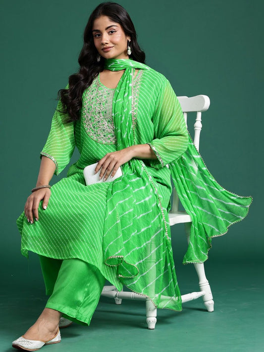 Dhiyona Women's Leheriya Printed Regular Thread Work Kurta with Trousers & With Dupatta