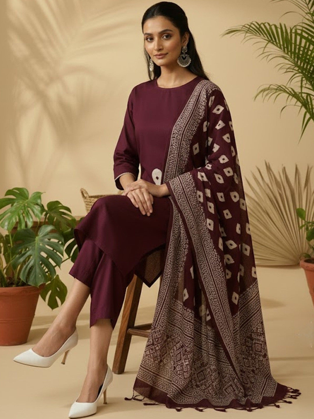 Printed Pure Cotton V-Neck Kurta & Trousers With Dupatta