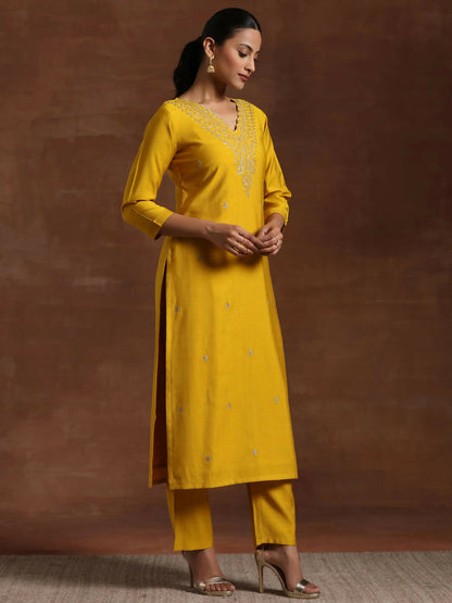 Women's LB Mustard Embroidered Silk Blend Straight Suit With Dupatta