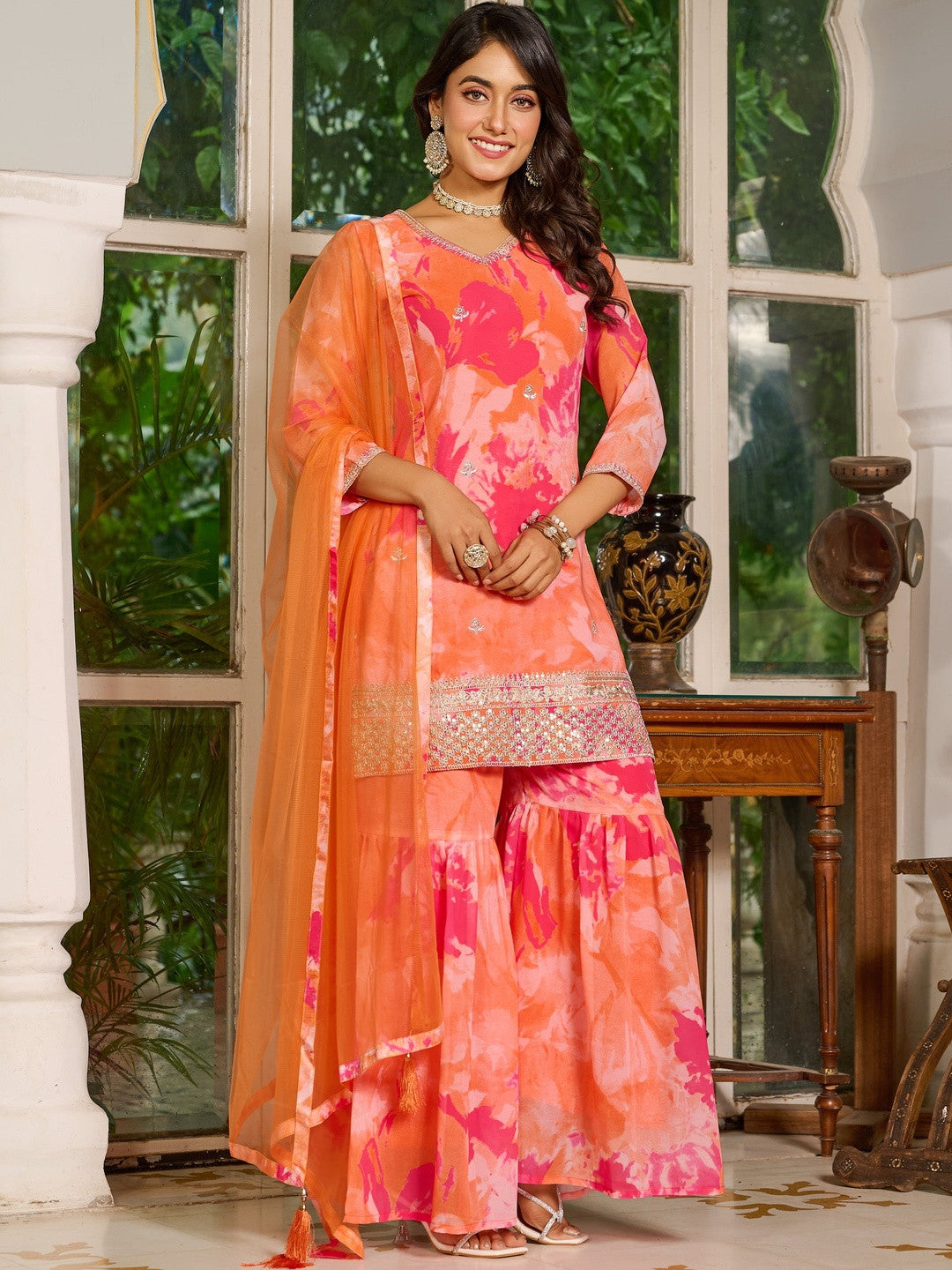 Women Printed Regular Kurta with Sharara & With Dupatta