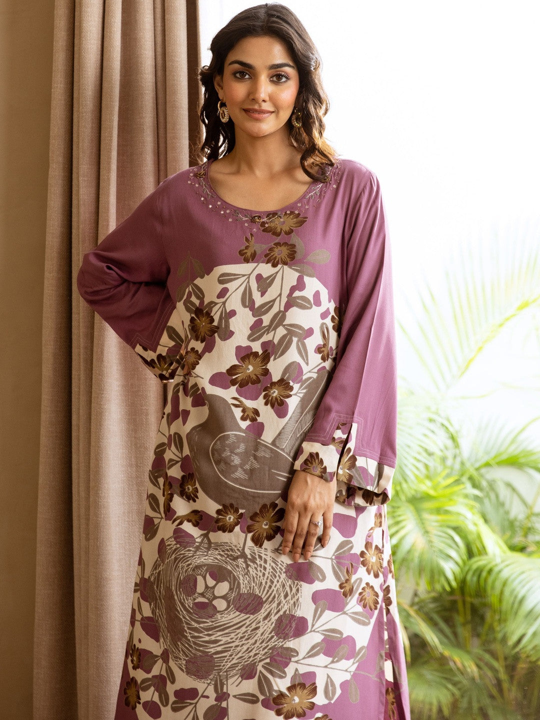Floral Printed Flared Sleeves Beads And Stones Straight Kurta With Palazzos