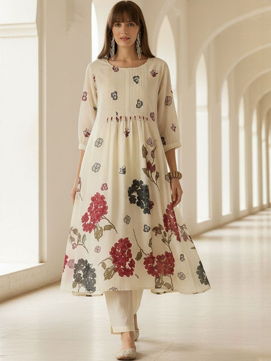 Floral Printed Regular Pure Cotton A-Line Kurta With Trousers