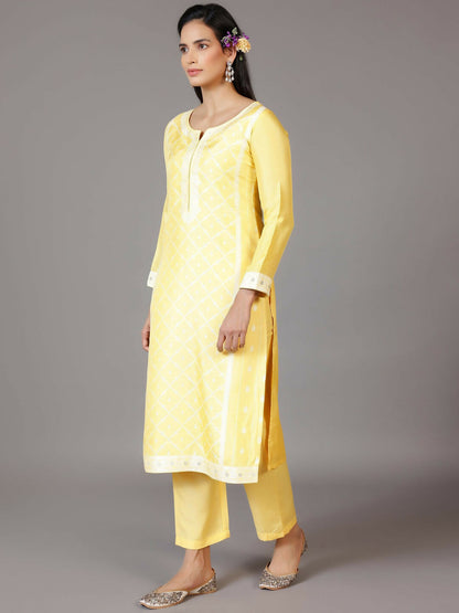 Women's LB Yellow Woven Design Silk Blend Straight Suit With Dupatta