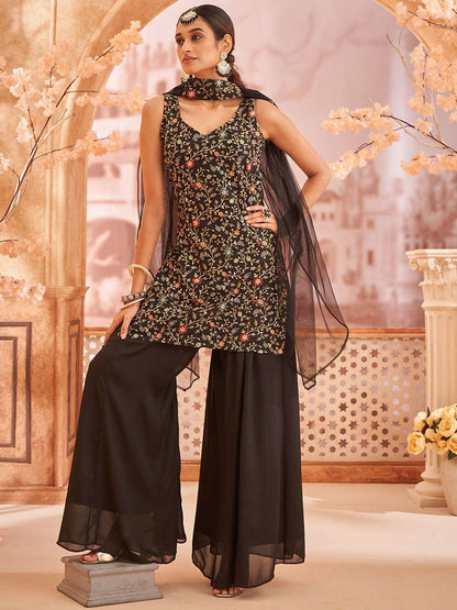 Dhiyona KL Floral Embroidered Sleeveless Georgette Straight Kurti With Sharara & Dupatta