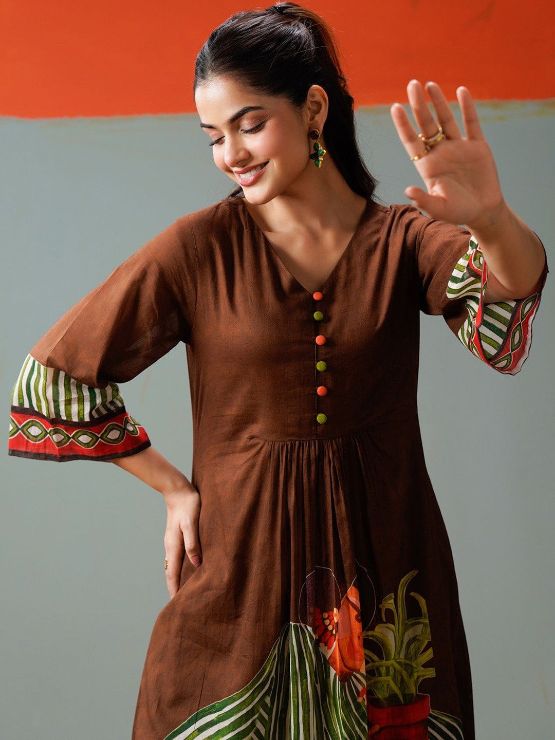 Brown Printed A-line Kurta Trousers Set