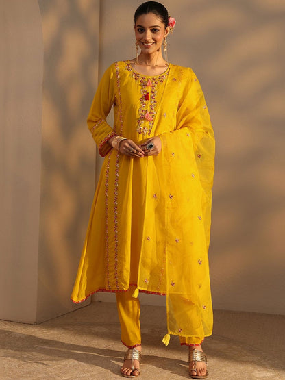 Women Ethnic Motifs Embroidered Regular Chanderi Cotton Kurta with Trousers & With Dupatta