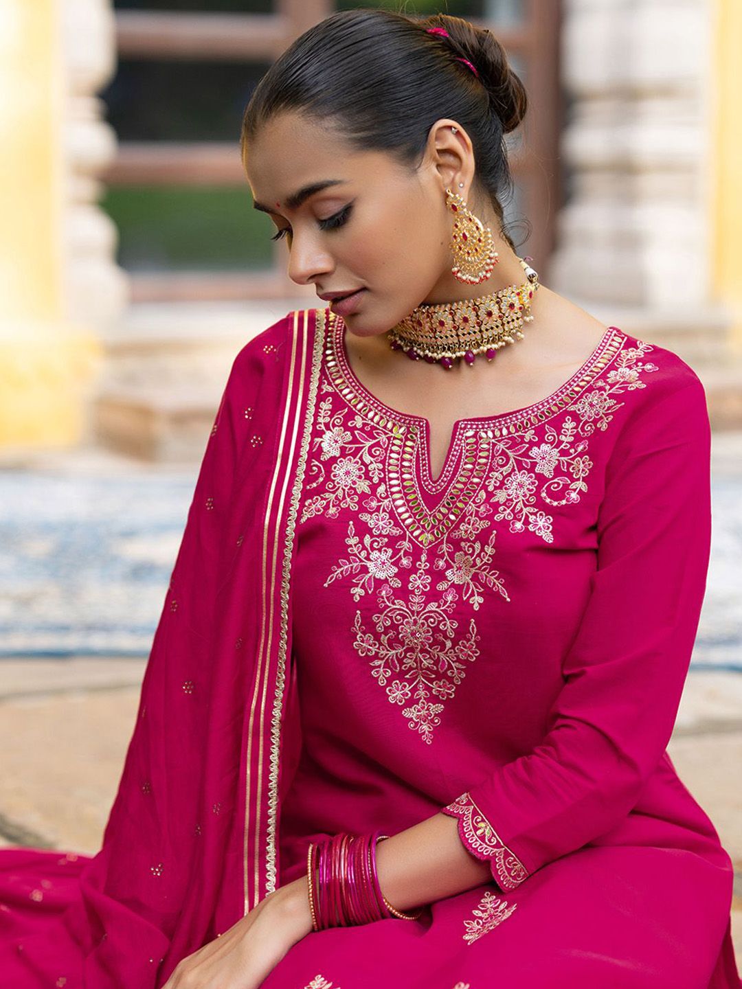 Dhiyona CH Women Ethnic Motifs Embroidered Thread Work Kurta with Trousers & Dupatta