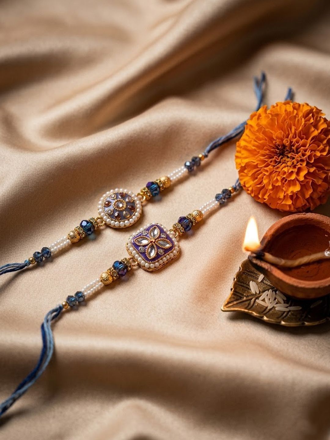 Dhiyona Set Of 2 White Pearls Thread Rakhi With Roli Chawal Chandan Mishri