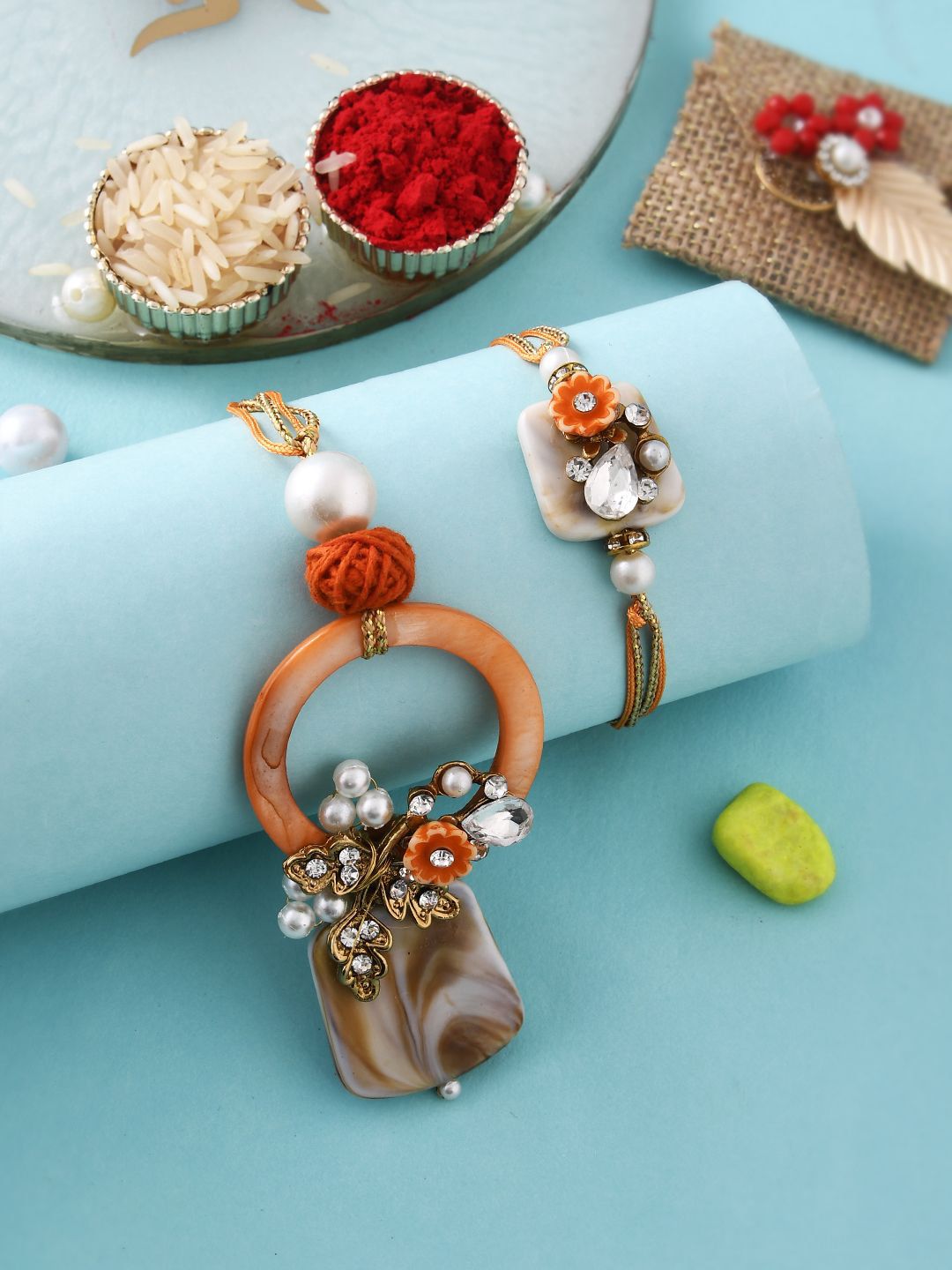 Dhiyona Orange Beaded Bhaiya Bhabhi Rakhi With Roli Chawal & Greeting Card
