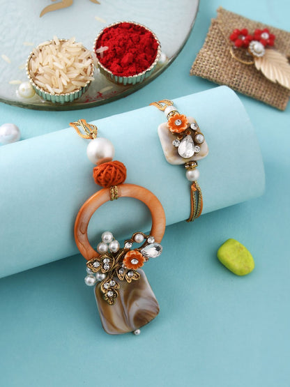 Dhiyona Orange Beaded Bhaiya Bhabhi Rakhi With Roli Chawal & Greeting Card