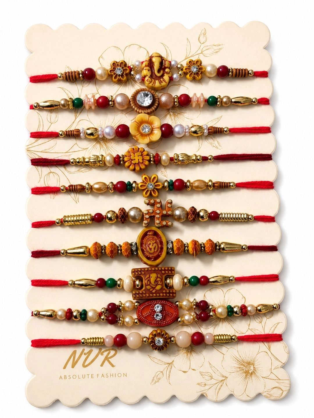 Dhiyona Set Of 10 Artificial Stones & Beads Thread Rakhi With Roli Chawal Chandan Mishri