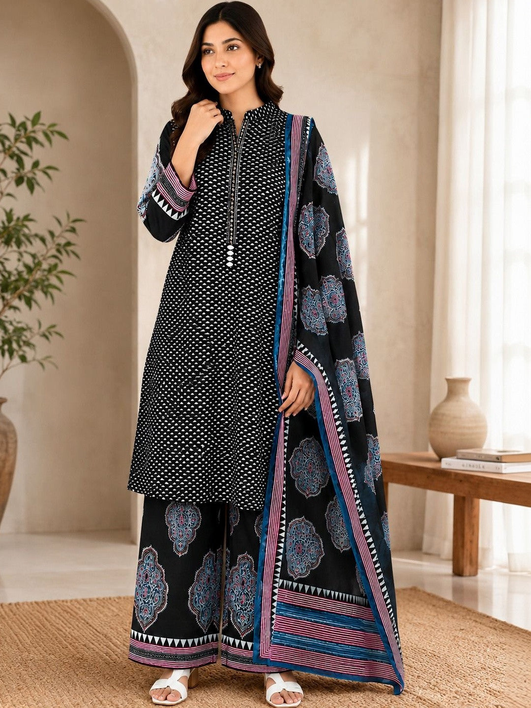 Women Ethnic Motifs Printed Regular Pure Cotton Kurta with Palazzos & With Dupatta