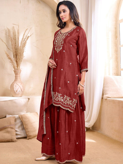 Embroidered Round Neck Kurta & Palazzos With Dupatta