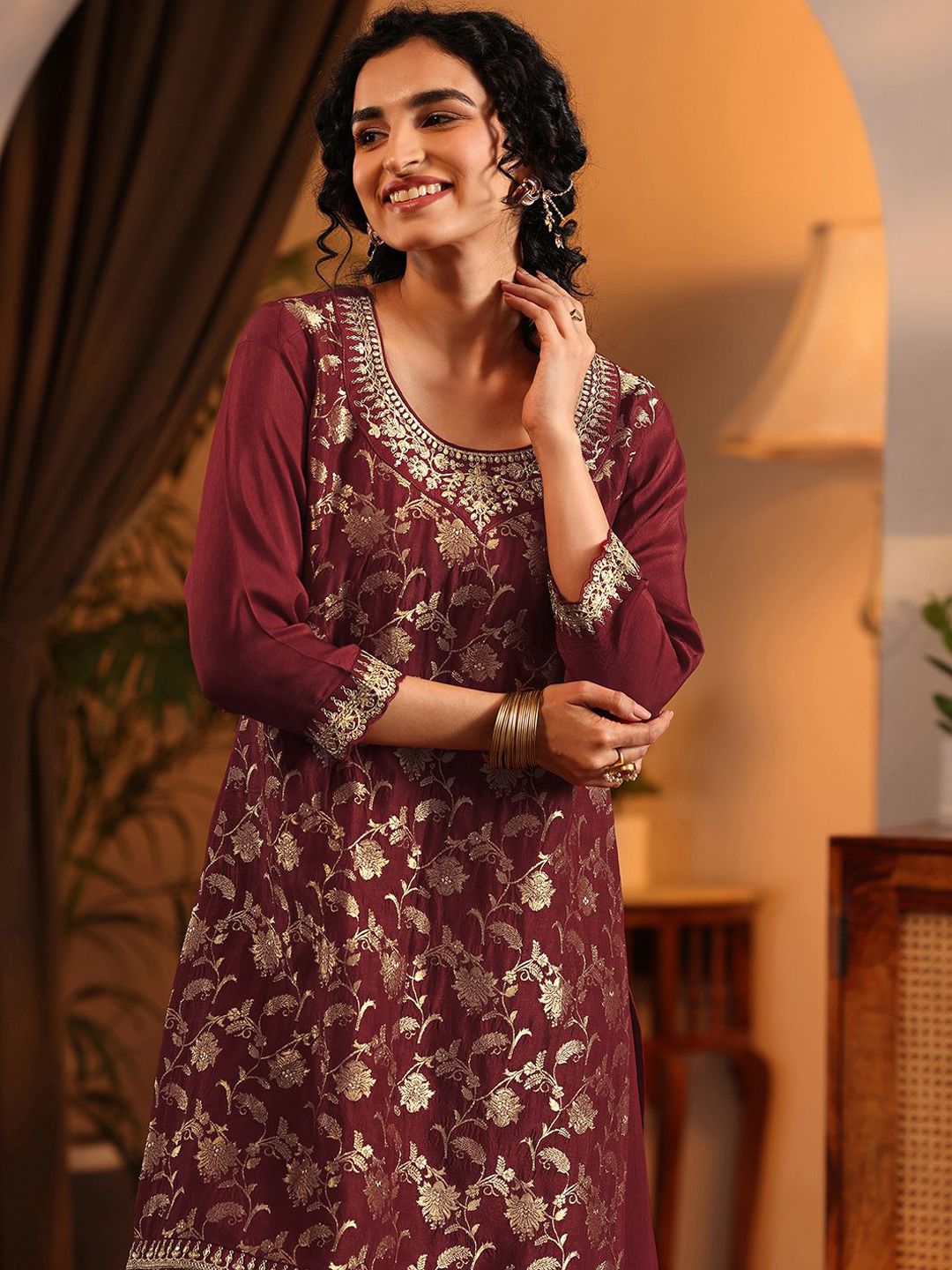 Dhiyona LL Floral Woven Design Straight Zari Kurta With Palazzos & Dupatta