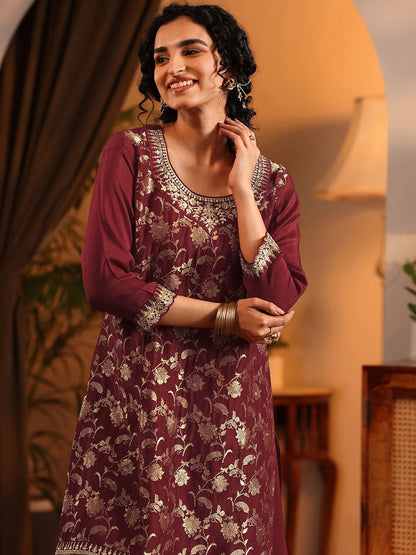 Dhiyona LL Floral Woven Design Straight Zari Kurta With Palazzos & Dupatta