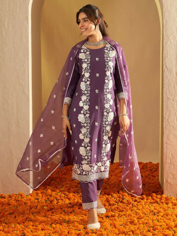 Women's Purple Embroidered Straight Kurta Trousers With Dupatta Set