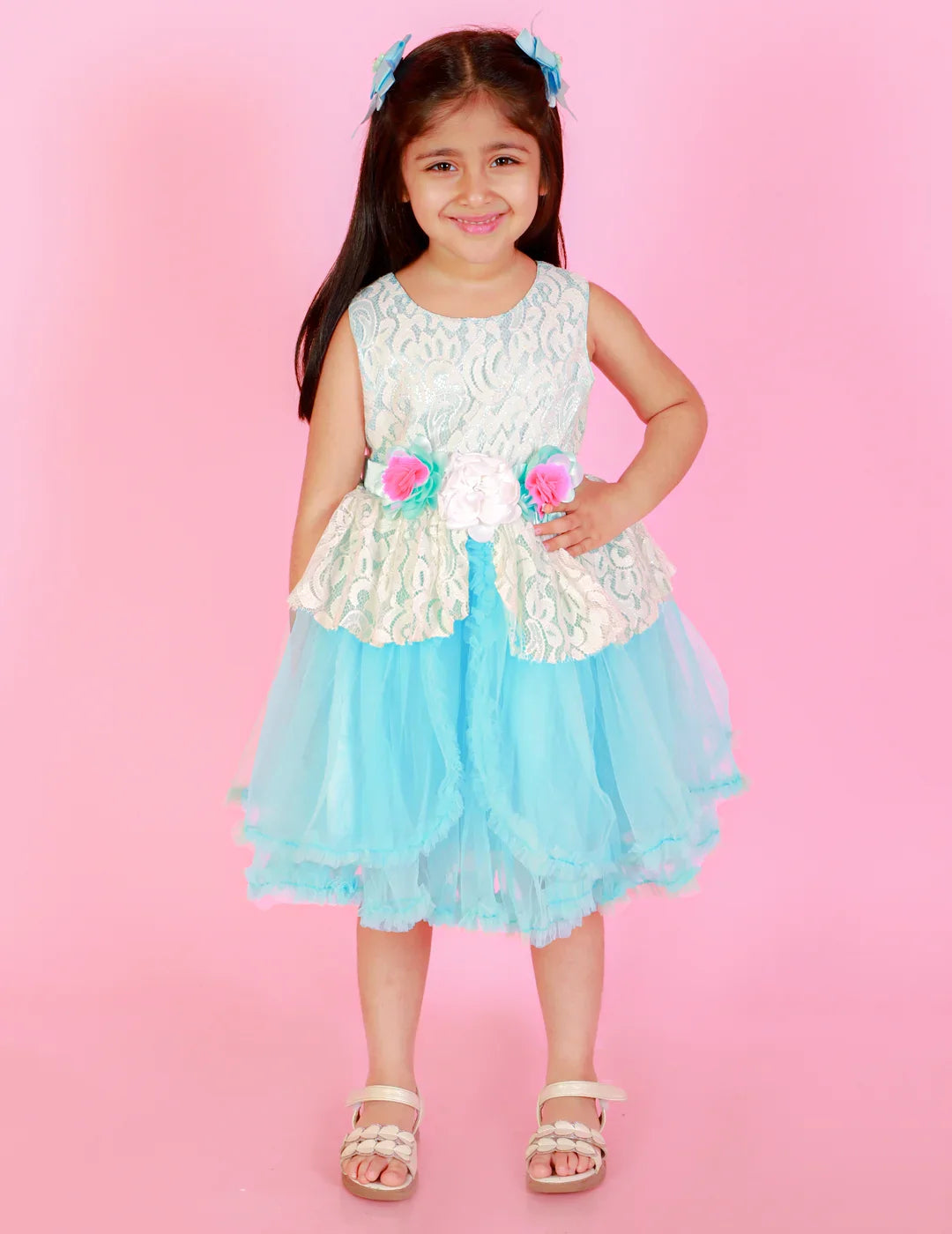 Girls  flared party dress with flower applique