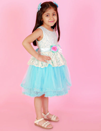 Girls  flared party dress with flower applique