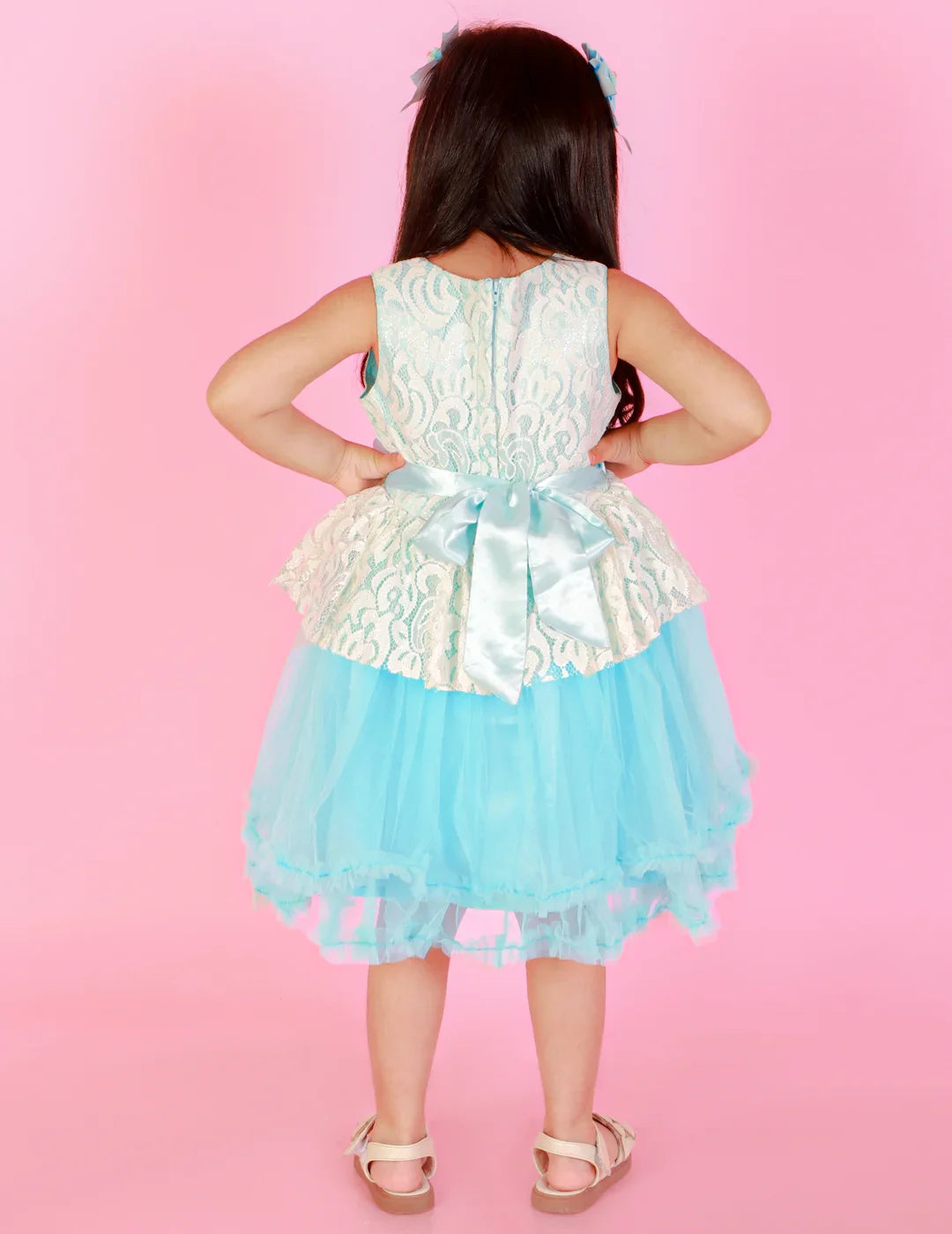 Girls  flared party dress with flower applique