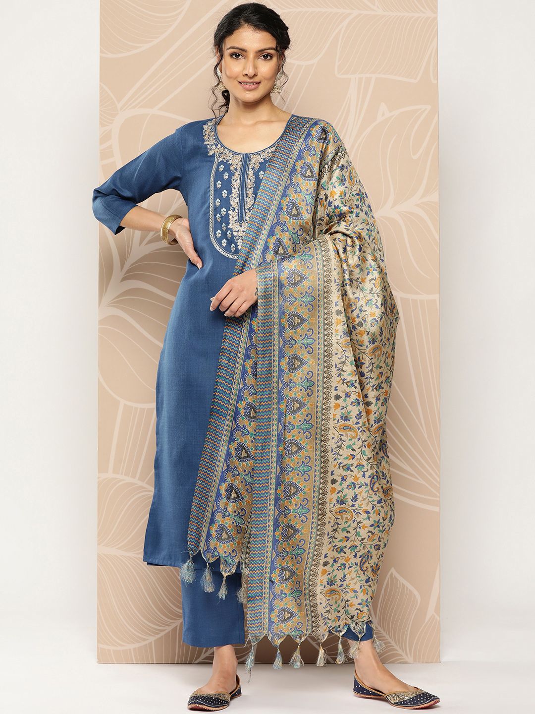 Blue Blue Yoke Embroidered Kurta with Trouser and Dupatta