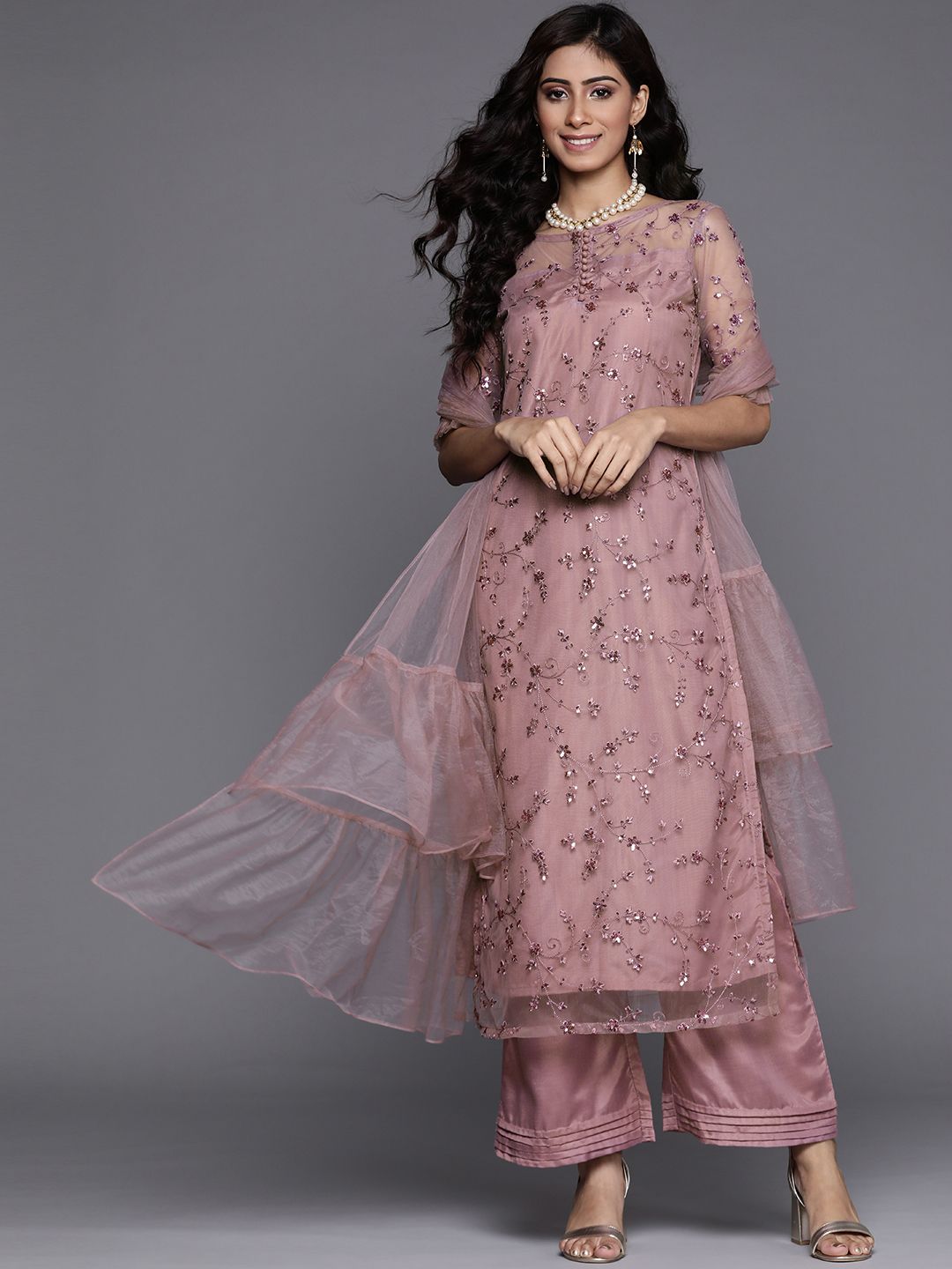 Dhiyona IN Women Mauve Net Floral Embroidered Sequinned Kurta with Palazzos & Dupatta