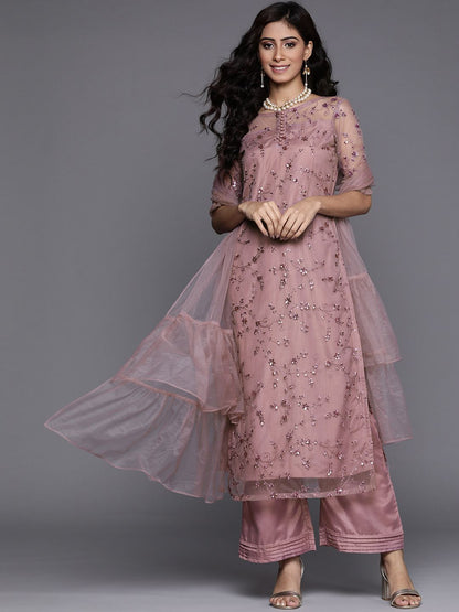 Dhiyona IN Women Mauve Net Floral Embroidered Sequinned Kurta with Palazzos & Dupatta