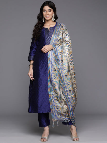 Navy Blue Woven Design Zari Kurta with Trousers & Dupatta