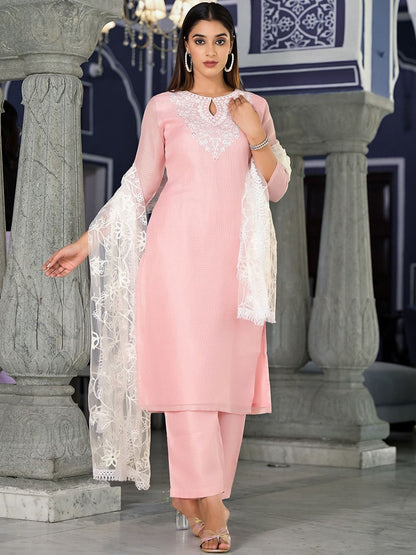 Dhiyona VA Women'sEthnic Motifs Embroidered Regular Thread Work Kurta with Trousers & Dupatta