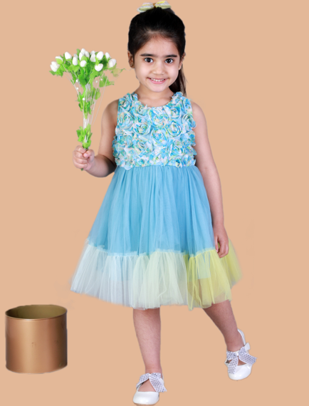 Girls party dress with 3 D Rose flower appliques on front yoke