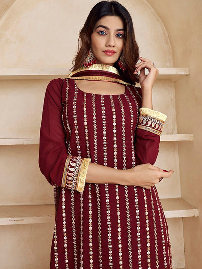Dhiyona IN Floral Embroidered Thread Work Kurta With Palazzos & Dupatta