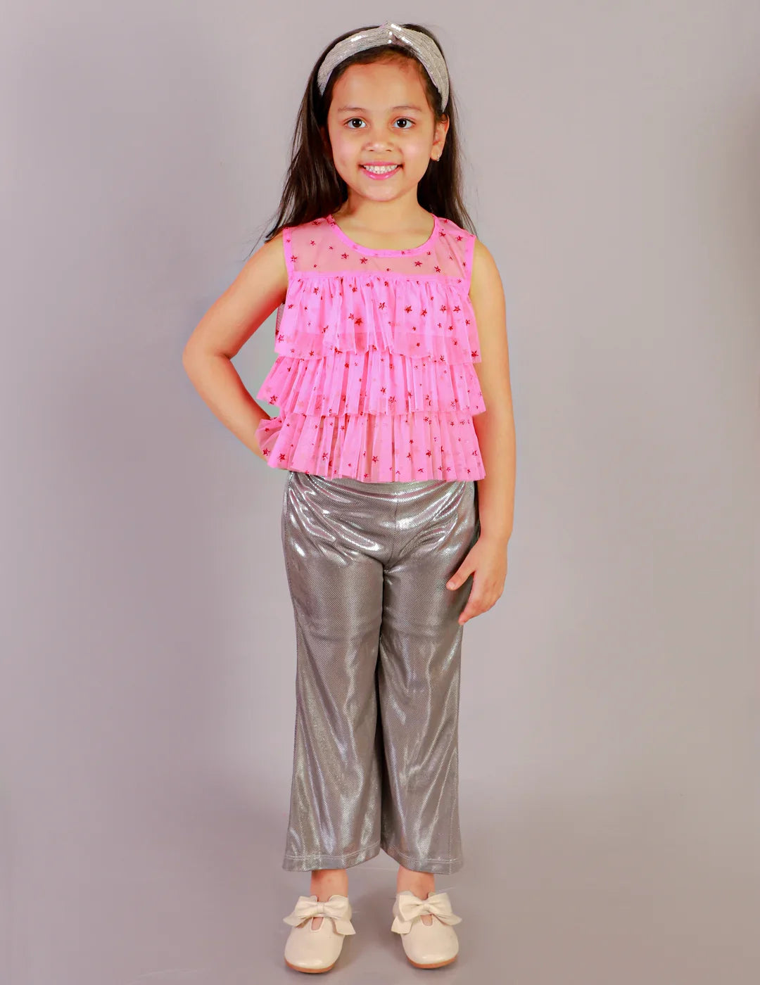 Girls Net Glitter print Ruffle Party Top